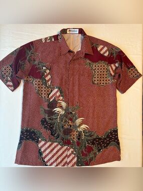 Batik Keris Indonesian Button Down Shirt Men’s 16 1/2 Short Sleeve Maroon